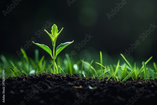 One seedling on clean grass, low angle, light black background at bottom, space for text photo