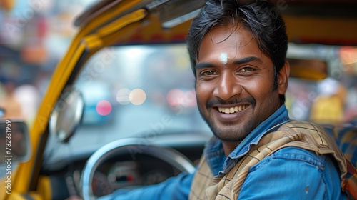 Smiling Auto Rickshaw Driver in Urban Setting