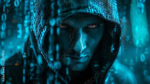 Portray the ominous presence of a hacker manipulating code to disrupt a computer system © Atchariya63