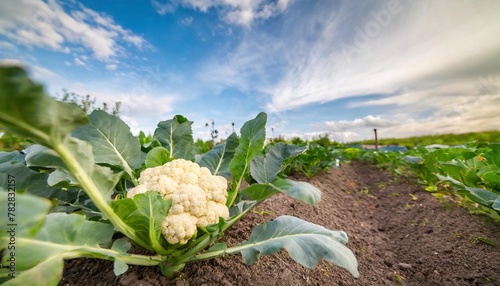 cauliflower - Brassica oleracea - white head is composed of a white inflorescence meristem edible curd with green leaves growing in nutrient rich dirt, earth or soil side view with row space, blue sky photo