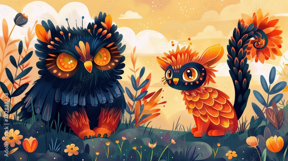 A whimsical illustration of a blue owl and an orange cat sitting in a field of flowers. The animals are both wearing feathered cloaks and the background is a bright orange sky with white clouds.