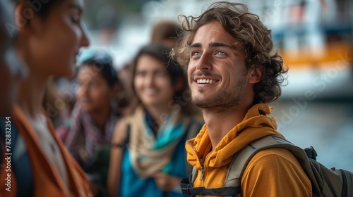 Smiling Young Man with Backpack Traveling with Friends