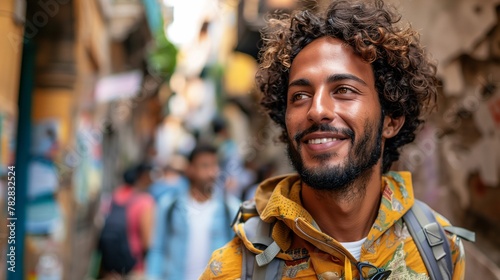 Smiling Young Man with Curly Hair Exploring the City