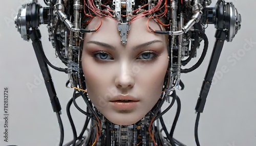 An artificial intelligence robot with a female human face. Generative AI.