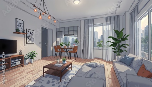 Modern and beautiful living room concept illustration. Generative AI.