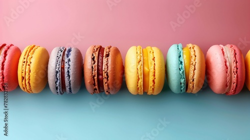 Colorful Macarons in a Row Against Pink and Blue Background