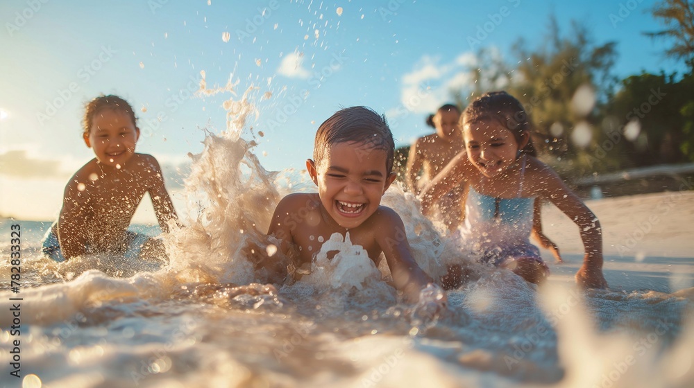 children laugh and have fun in the waves of the sea on the beach. Happy childhood of cute kids During the holidays children laugh and have fun in the waves of the sea on the beach. Happy childhood of cute kids During the holidays