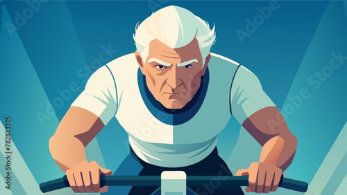 A closeup of a seniors determined face as they power through a challenging highintensity spin class their muscles flexing with each pedal