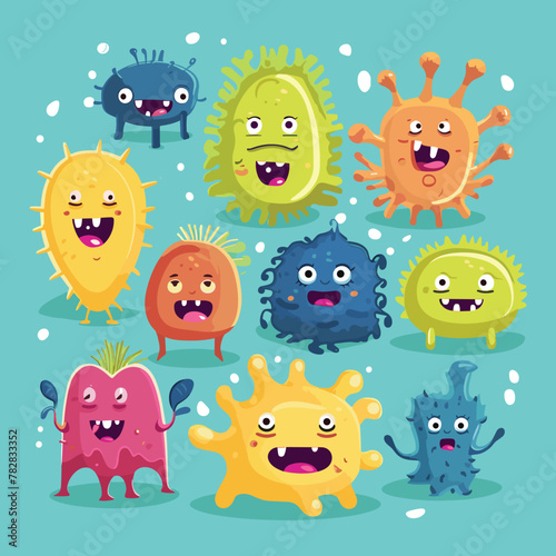 Bacteria  microbes  cute germs and viruses cartoon vector characters with funny faces set. Smiling pathogen microbes  bacteria and coronavirus with eyes  teeth and tongues