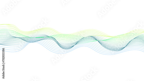 Abstract blue and green gradient wavy flowing line blend background. Transparent horizontal green wave on white.