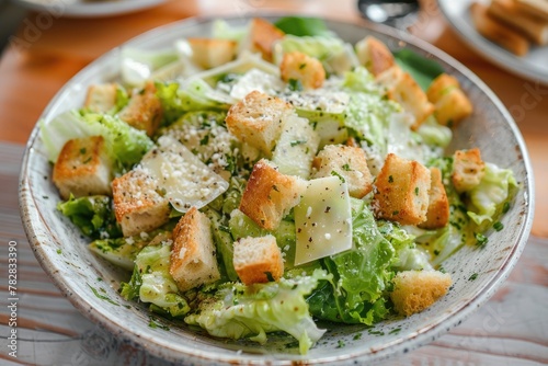 A classic salad with crisp romaine lettuce, croutons, and cheese.