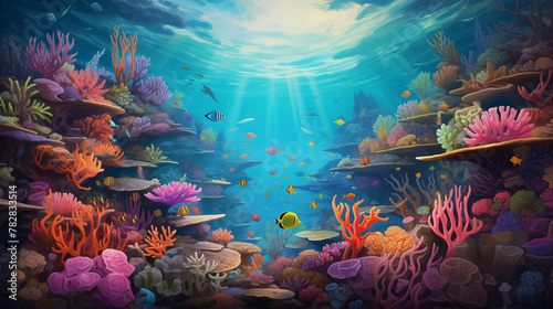 A vibrant coral reef bustling with colorful tropical fish, illuminated by dappled sunlight filtering through the crystal-clear waters.