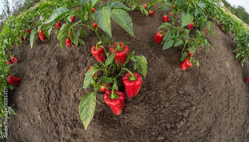 red bell pepper - Capsicum annuum - young tender delicious plants growing in nutrient rich dirt soil or earth,  green leaves viewed from above, ready to be harvested for human consumption photo