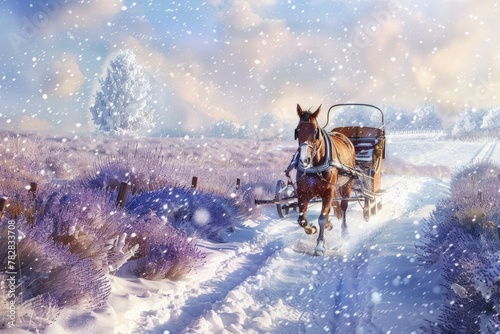 A charming scene with a horse-drawn sleigh gliding through freshly fallen snow, against a backdrop of soft lavender, offering space for your seasonal greeting. © Ibraheem