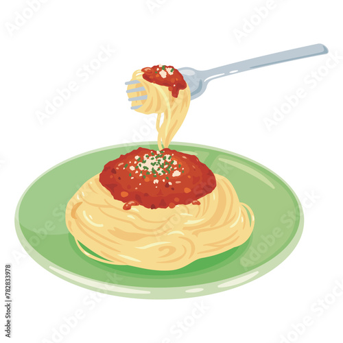 フォークで持ち上げられたミートソースパスタ