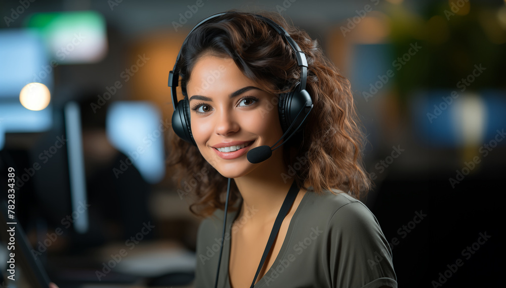 Young friendly operator woman agent with headsets working in a call centr Young friendly operator woman agent with headsets working in a call centr