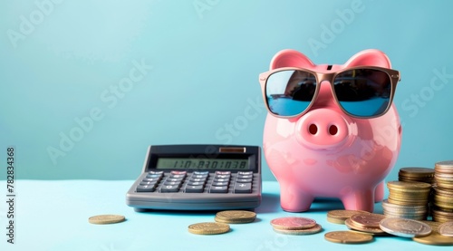 Pink piggy bank next to gold coins and calculator, counting profit, calculating budget, financial income, earning and saving, tax payment and loan interest, economic balance