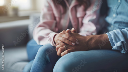 Couple hold hand support each while discussing family issues with psychiatrist. Husband encourages and empathy wife suffers depression. psychological, save divorce, Hand in hand together, trust, care photo