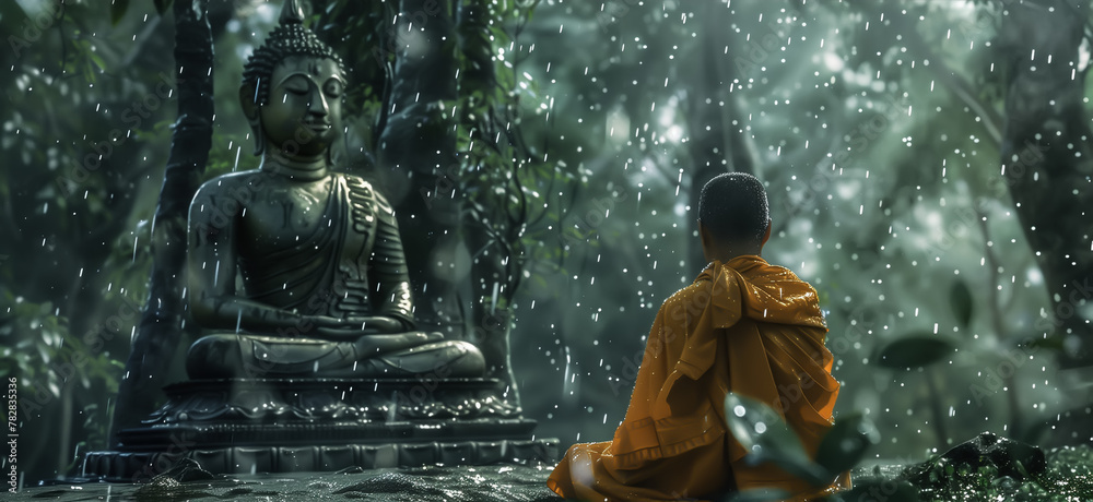 A monk meditates calmly in the rain, his robes glistening with droplets. The rain falls gently around him, creating a serene and peaceful atmosphere. Generative AI.