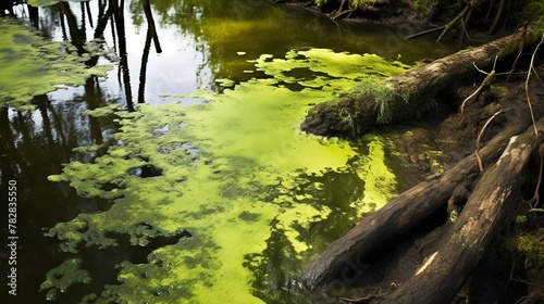 Ecosystem decline shown by algae infested pond