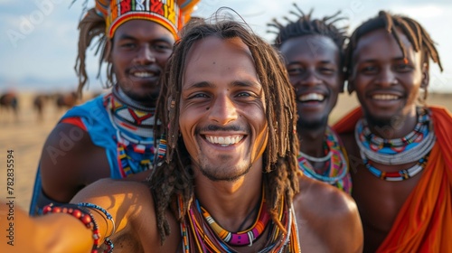 Group of Happy Maasai Men Wearing Traditional Clothing and Jewelry