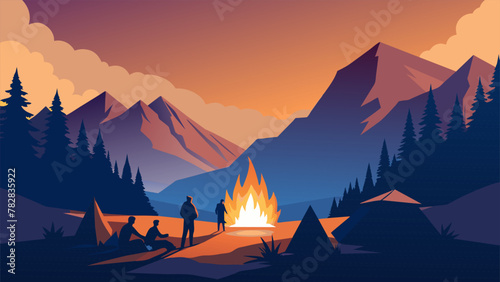 As the sun sets behind jagged mountain peaks the flames of the bonfire dance and crackle casting a warm glow on the surrounding campsite. The
