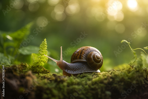 Big snail in shell crawling on road, summer day in garden