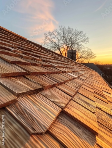 Closeup of cedar shingles being laid on a roof, golden hour, detailrich, the art of roofing , Hyper-Realism photo