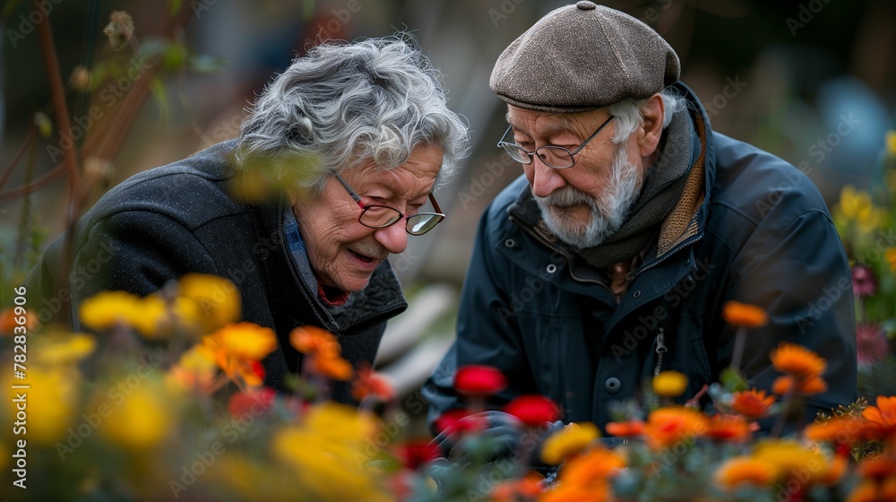 Senior Couple Smiling Together in Flower Garden