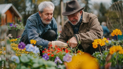 Senior Men Gardening Together in a Flowerbed