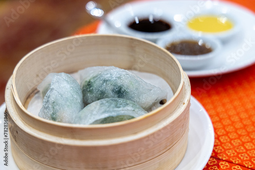 Delicious Chinese spinach dim sum on the table
