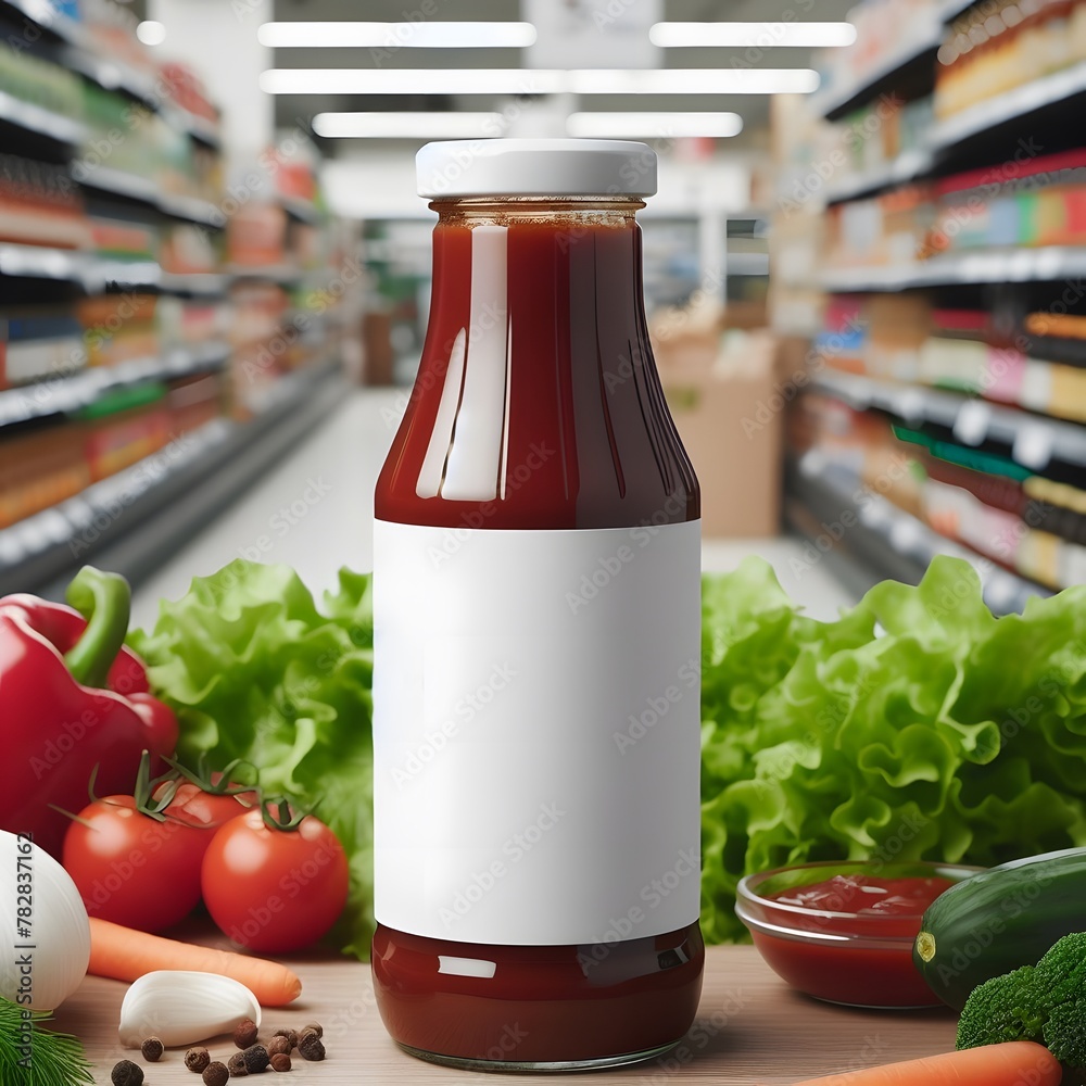 Bottle of hot Sauce with white blank label againts grocery shop ...