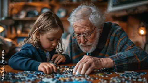 Grandfather and Granddaughter Assembling Puzzle Indoors