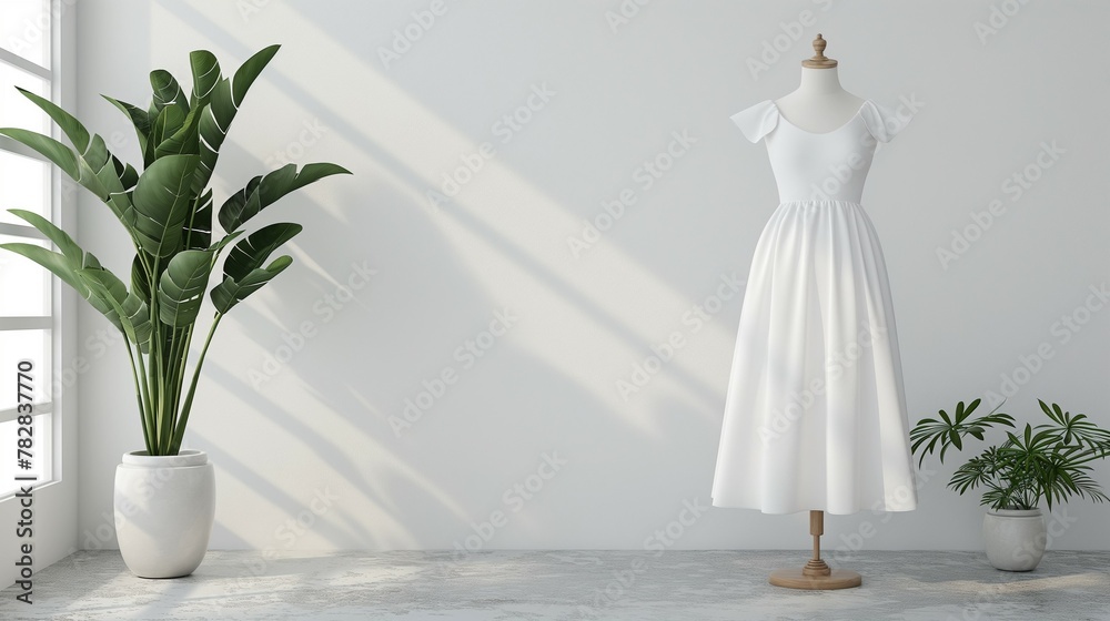 white dress mockup, white wall and plant background, 3d render white dress mockup, white wall and plant background, 3d render