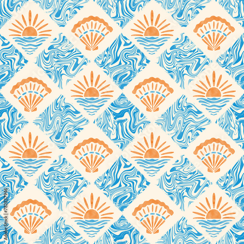 Nautical groovy seamless pattern. Watercolor seashells and sunset sun tiles on marble textured background. Summer joyful design for swimwear, home decor, textile. Blue wavy swirls repeat