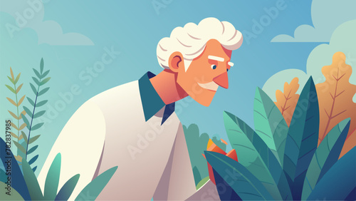 With a curious expression the greyhaired gardener tilts their head as they inspect the strange vibrant plant they had stumbled upon eager to