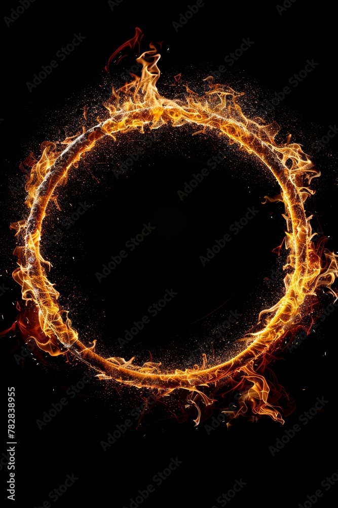 Circular frame of blazing flames on dark background for a visually striking and captivating effect