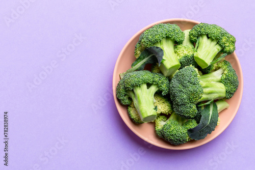 broccoli of fresh green broccoli in bowl over coloredbackground. , close up. Fresh vegetable photo