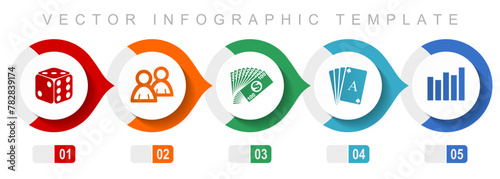 Casino flat design infographic template, miscellaneous symbols such as dice, playing cards and money, vector icons collection