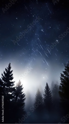 Shooting stars in the sky. Forest in the fog at night. Vertical wallpapers for phone and smartphone