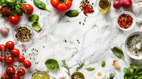 Tomatoes, Olive Oil, and Herbs on Marble Background. Fresh tomatoes, aromatic herbs, spices, and olive oil set on white marble, perfect for Mediterranean cuisine concepts, recipe websites,and culinary © Aleksandra