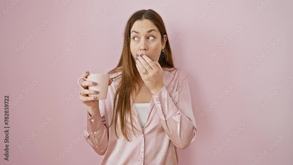 Stunned young woman in pjs covering mouth with trembling hand over coffee cup, afraid of some unspeakable mistake. blue eyed beauty, expressing surprise, shock on isolated pink background. Stunned young woman in pjs covering mouth with trembling hand over coffee cup, afraid of some unspeakable mistake. blue eyed beauty, expressing surprise, shock on isolated pink background.