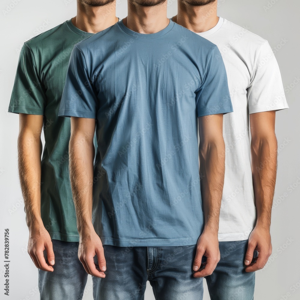 Obraz premium Three male models in green, blue, and white t-shirts