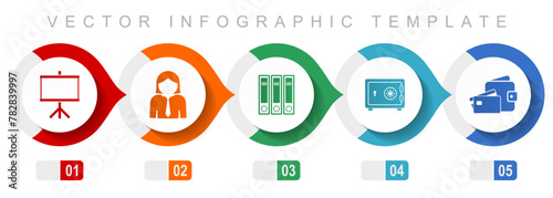 Seminar flat design infographic template, miscellaneous symbols such as board, woman, archive, safe and money, vector icons collection