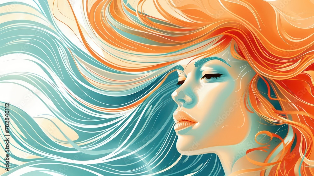 A painting of a beautiful woman with colorful wavy and loose hair with a serenity and elegance colorful concept.