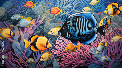 A breathtaking tableau of a school of exotic triggerfish darting among towering coral formations, their intricate patterns a testament to the diversity of life in the tropical sea. photo