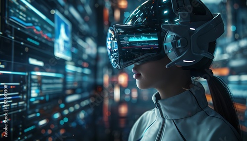 Virtual Realm with AI, Follow a character's journey as they rely on their AI companion to navigate through challenges and unravel mysteries in a futuristic VR society