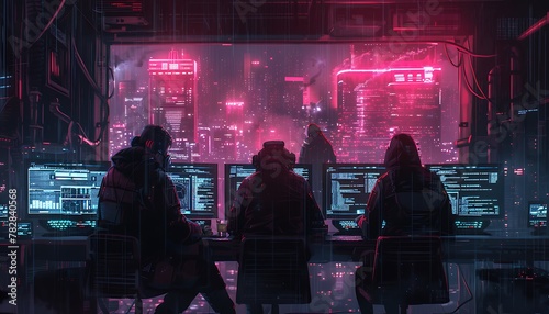 hackers utilizing advanced AI to infiltrate a secure network in a cyberpunk world, navigating rival factions and avoiding detection