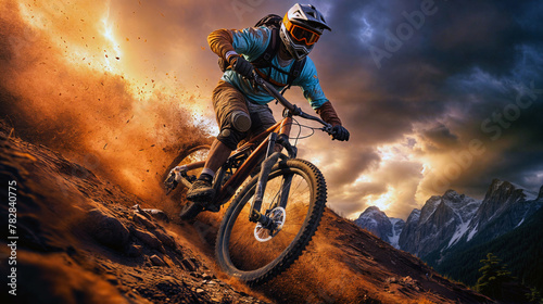 Extreme Mountain Biker in Action on Rugged Trail at Sunset with Majestic Mountain Backdrop