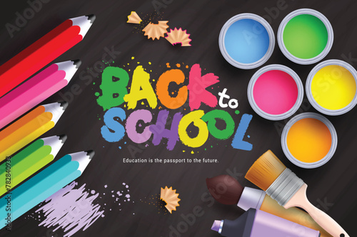 Back to school vector template design. Back to school in colorful text with color pencil, water color and brush educational elements in black background. Vector illustration school greeting design. 
